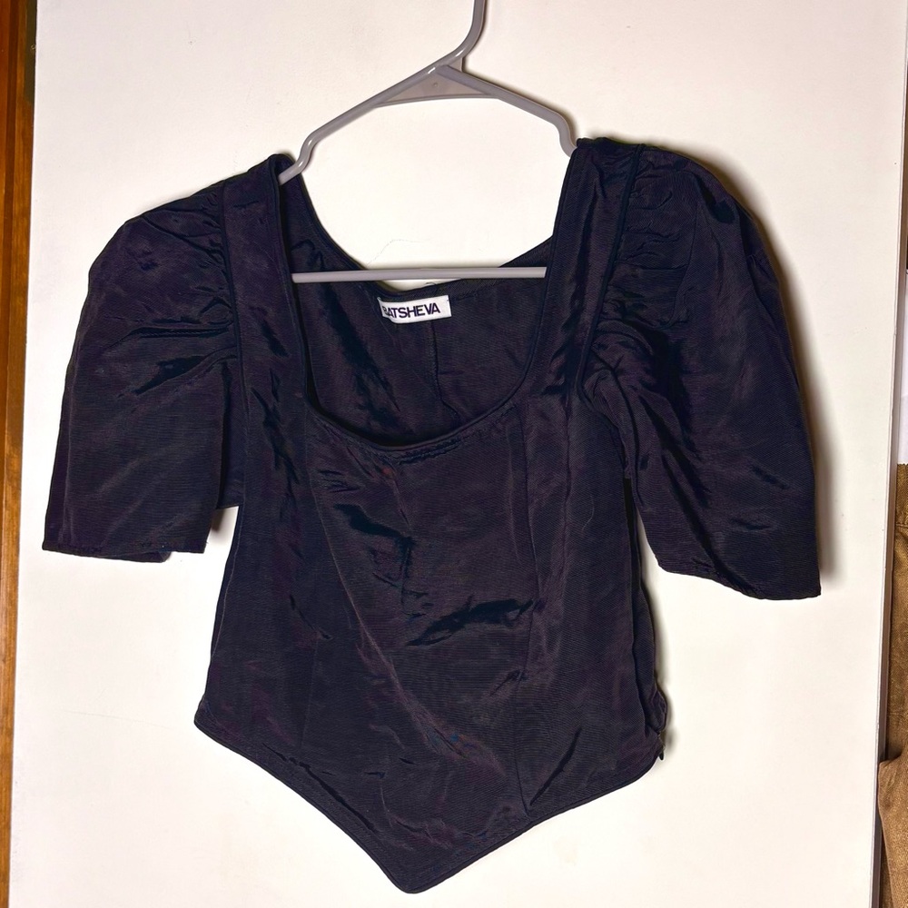 Batsheva Black Puff-Sleeve Square-Neck Crop Top - Picture 2 of 4